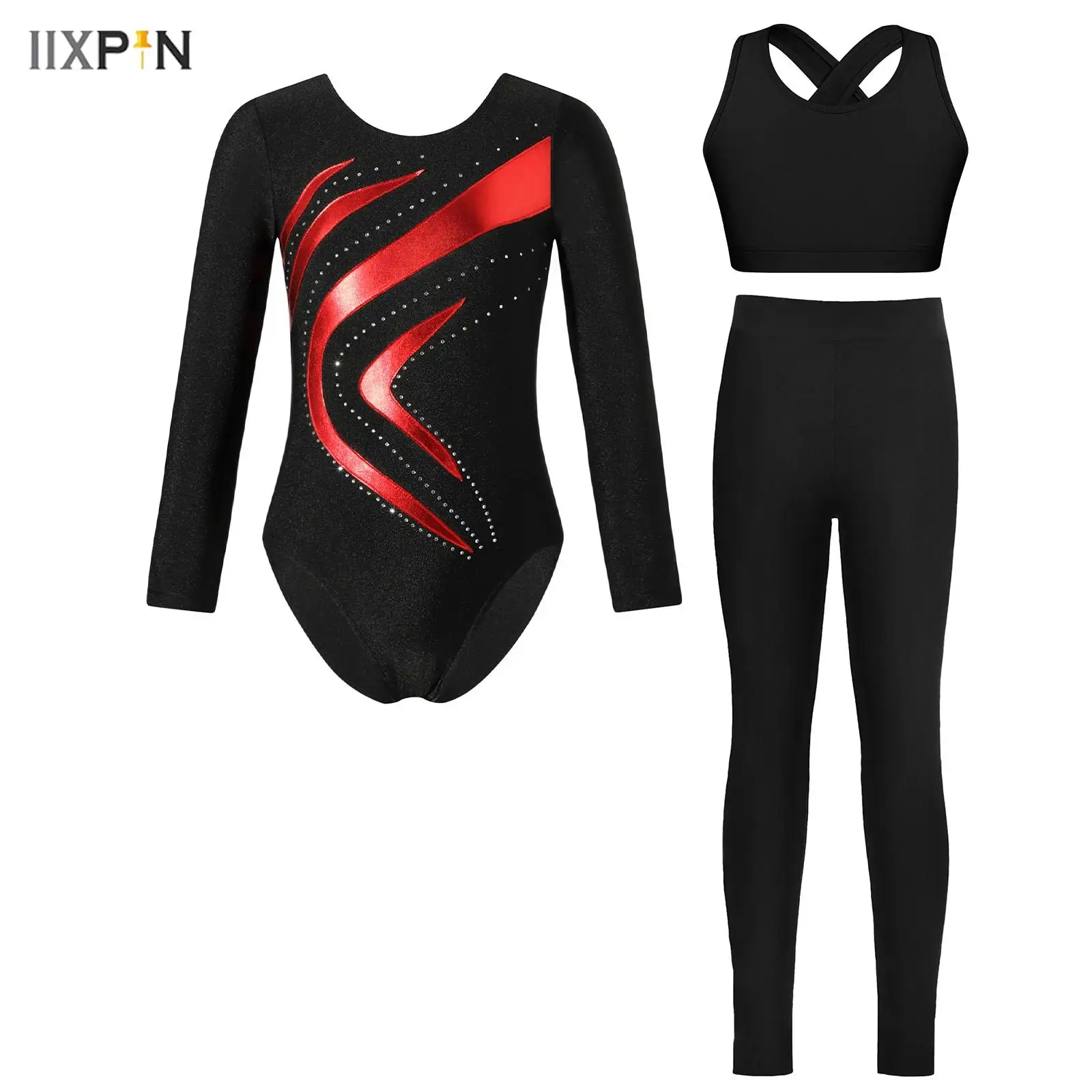 

Kids Girls 3-Piece Gymnastics Outfit Shiny Rhinestone Metallic Contrast Color Leotard Vest Leggings for Figure Skating Dance