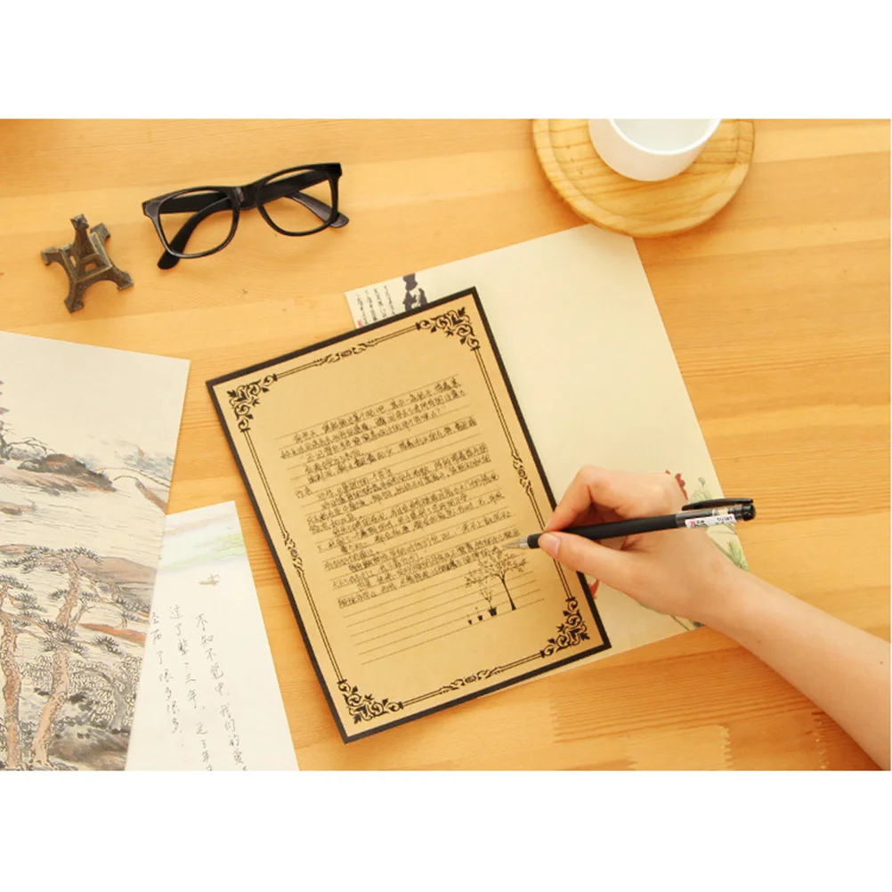 

8Pcs Vintage Writing Paper Set 2 Patterns Premium Kraft Stationery Smooth Lettering Use Letter Writing Paper