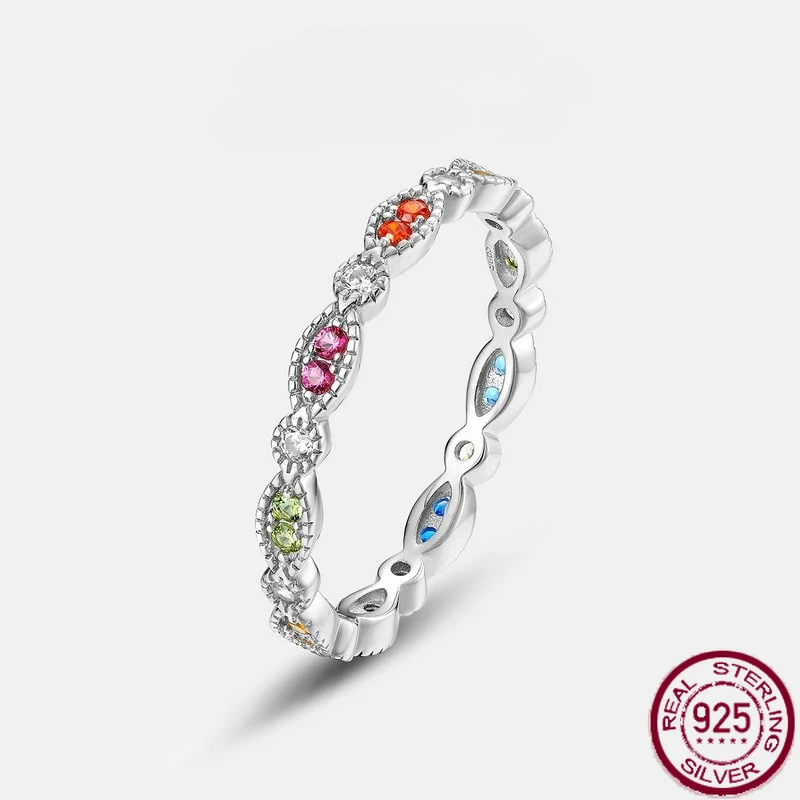 

New S925 sterling silver rainbow zircon inlaid gemstone ring with European and American style fashionable wedding jewelry