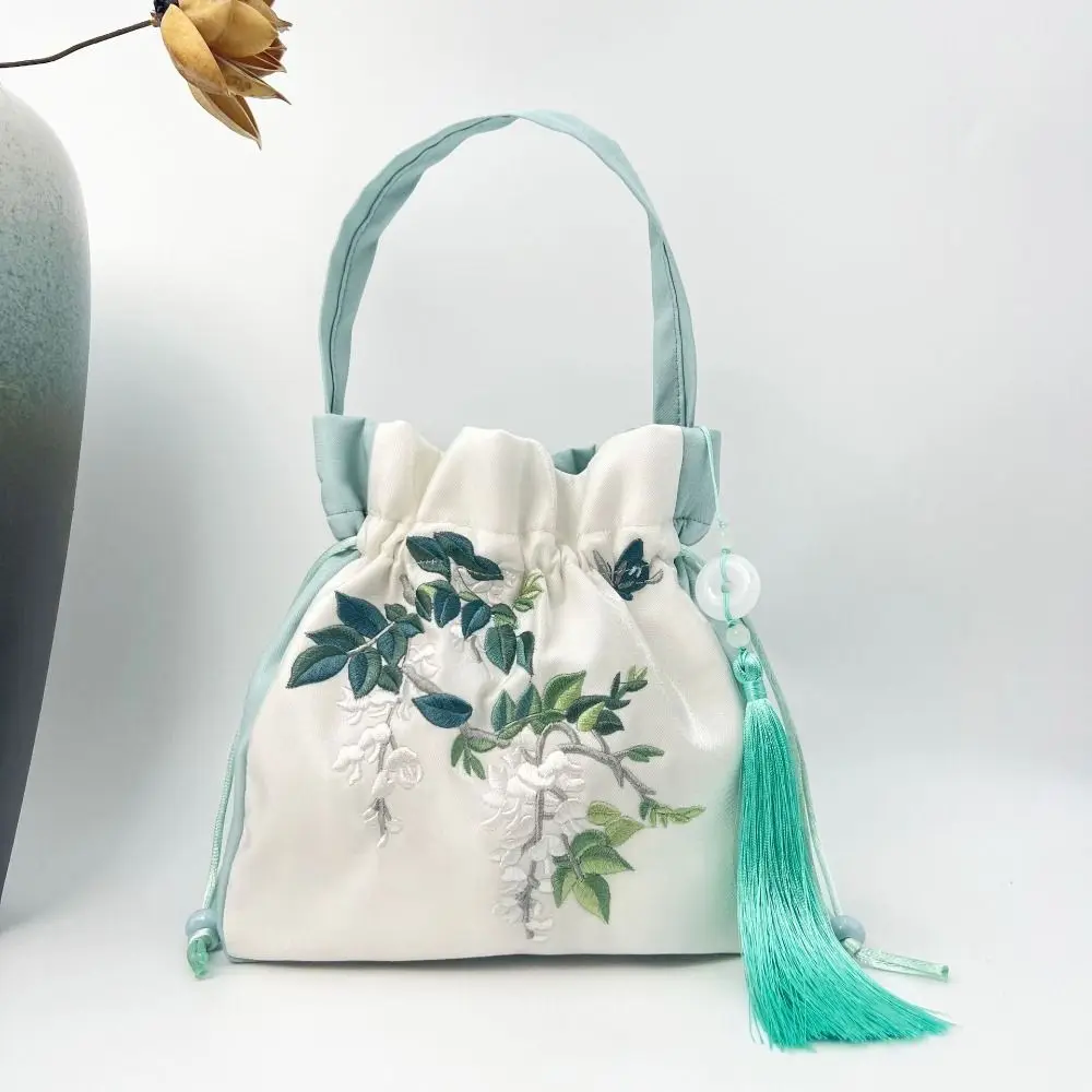 

Ethnic Style Embroidery Drawstring Bag Flower Bucket Bag Silk Satin Chinese Style Handbag Storage Bag Hanfu Accessories