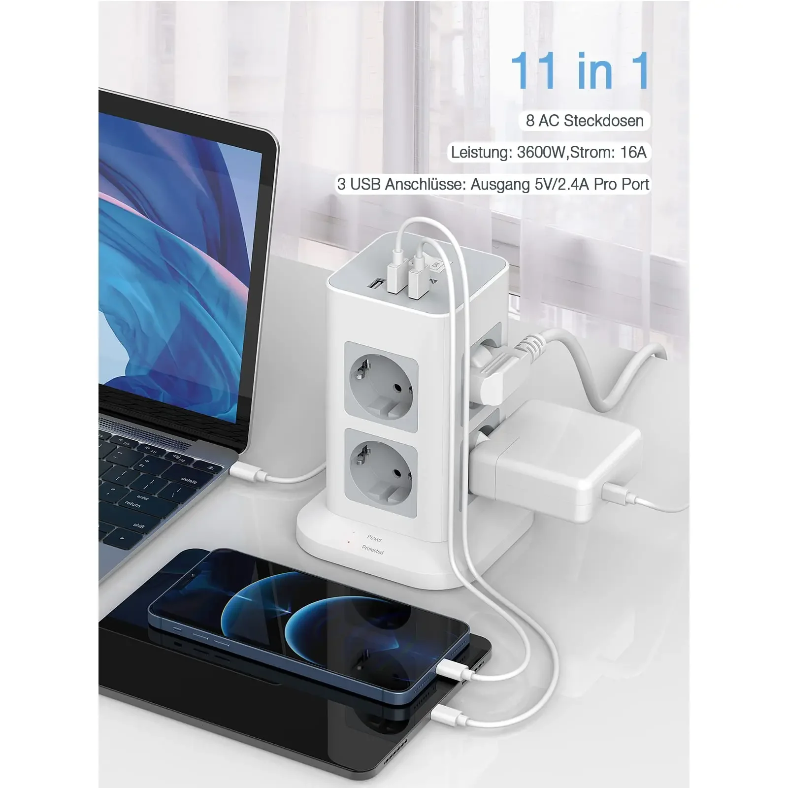 Przedłużacz TESSAN EU z 4/8 gniazdami AC z 3 portami USB i przedłużaczem 1,5 m/2 m do domowego biura