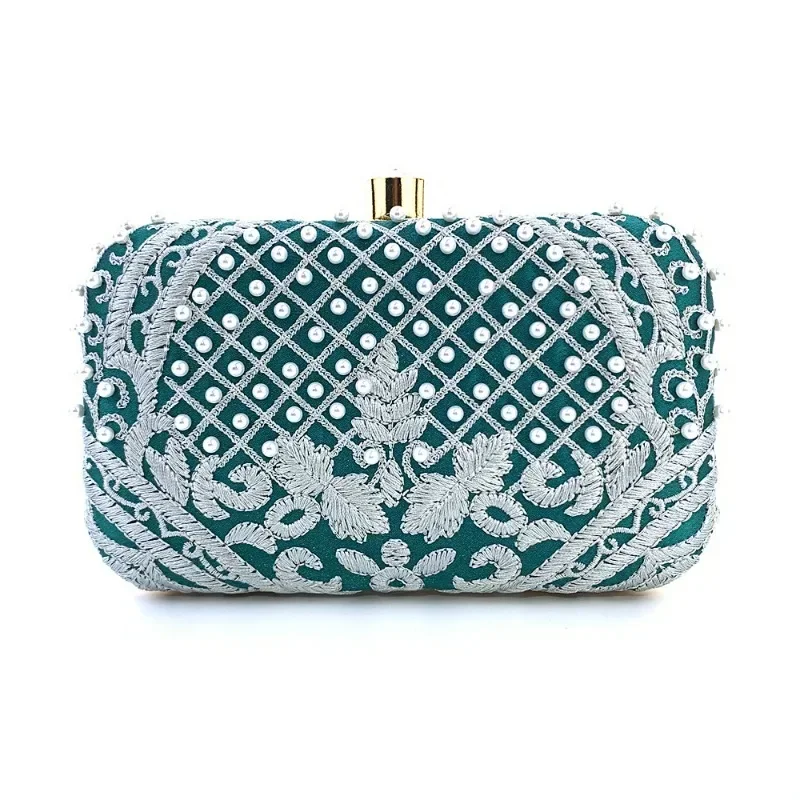 Women Embroidered Handbag Middle East Style Contrast Color Beaded Pearl Clutch Retro Pearl Evening Bag Vintage Purse Sacs À Main