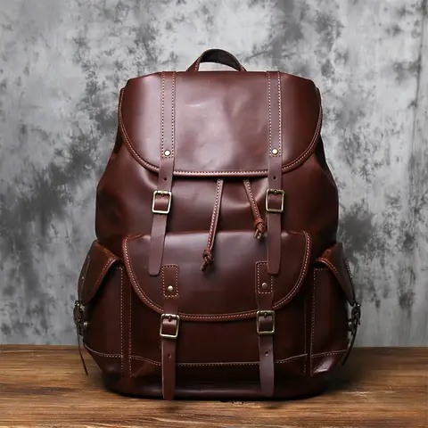 NZPJ Vintage Genuine Leather Men's Backpack Crazy Horse Leather Backpack Natural Cowhide Parachute Bag  Large Capacity Laptop