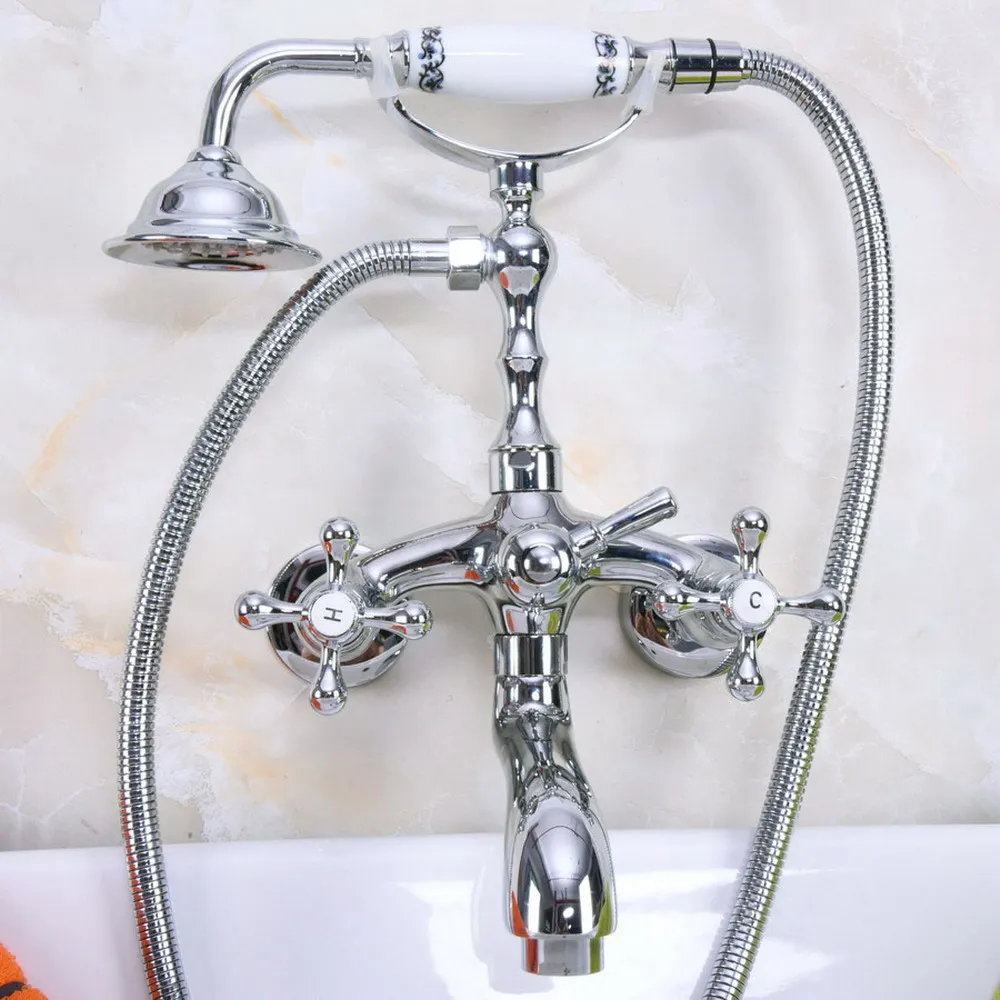 Chrome Brass Double Handle Wall Mounted Bathroom Bath Tub Faucet Set with 150CM Hand Held Shower Spray Mixer Tap 2na197