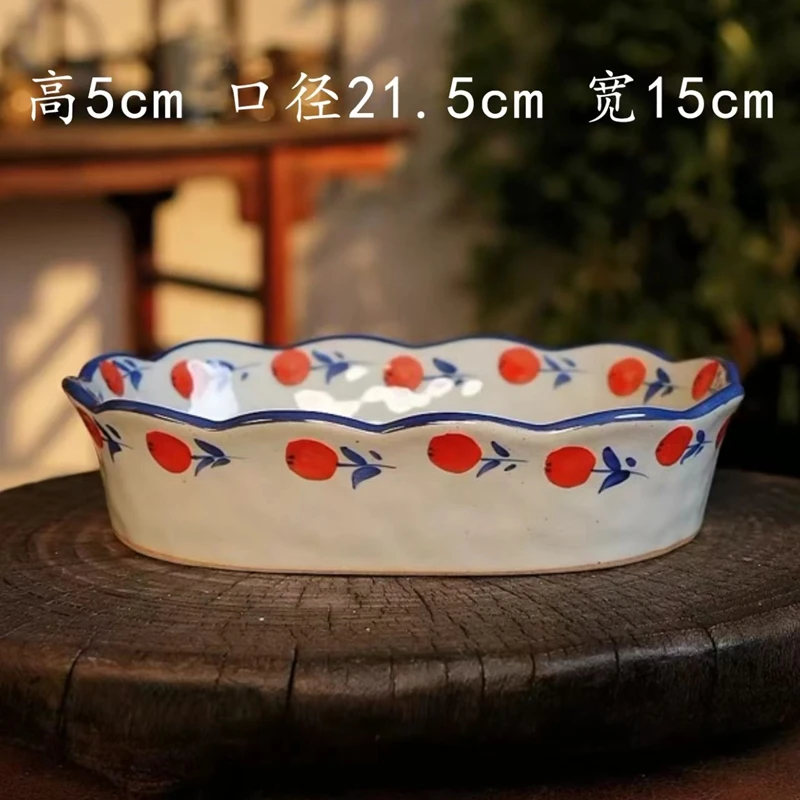 

Wood-fired Quality High Temperature Underglaze Color Interior and Exterior Hand-painted Chinese Word Fu Wave Edge Baking Plate