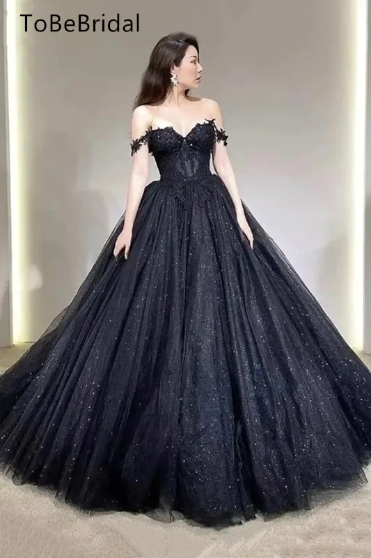 

Black Shiny Tull Prom Dress Applique Off Shoulder Sweet Long Formal Wedding Party Dress Elegant Women's Evening Gowns Customized