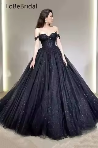 Black Shiny Tull Prom Dress Applique Off Shoulder Sweet Long Formal Wedding Party Dress Elegant Women's Evening Gowns Customized