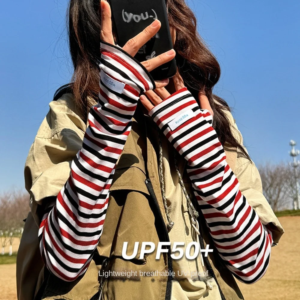 Breathable Arm Protection Striped Ice Sleeves Elastic Anti-UV Sunscreen Sleeve Loose UV Insulation Summer Cycling Sleeves Women
