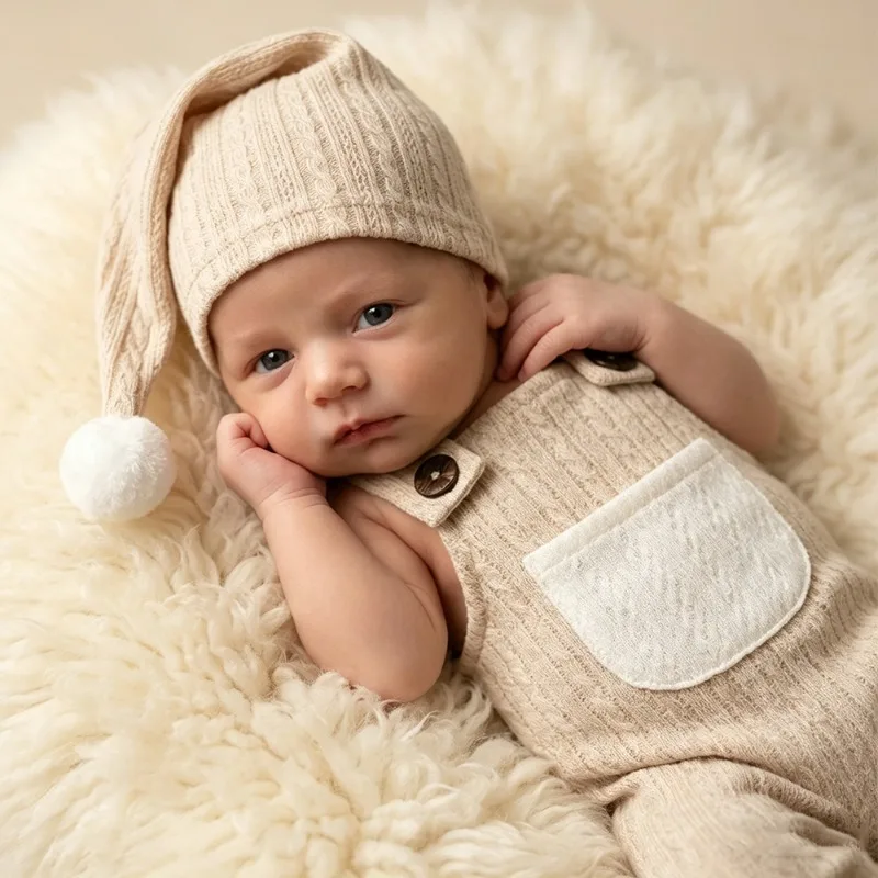 2Pcs Soft Knit Newborn Photography Props Set Pom Pom Sleeping Cap & Pocket Overalls Infant Baby Photo Shoot Outfit Accessories image 3
