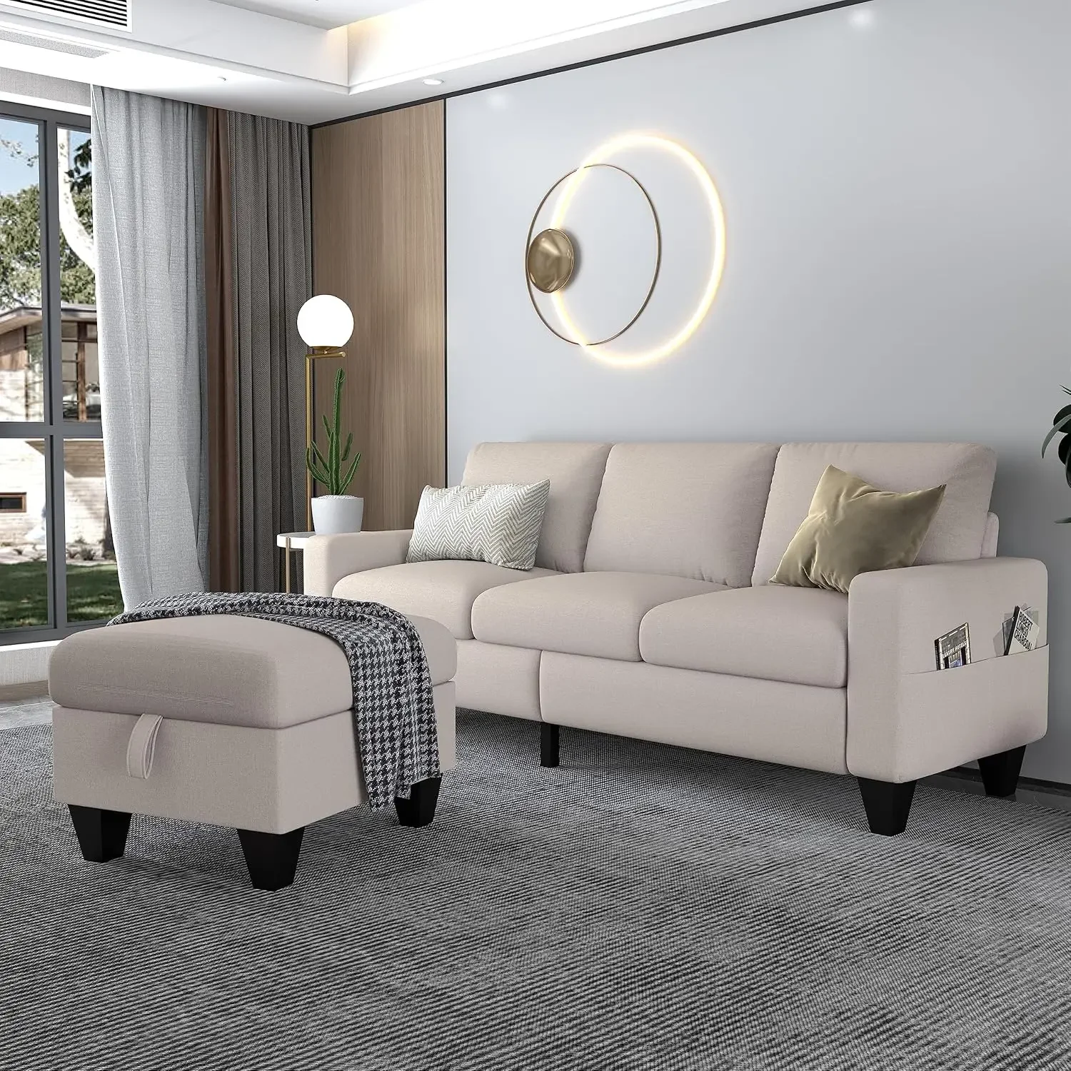 78'' Convertible Sectional Sofa Couch: Beige 3 Seat L-Shaped Sofa Couches with Storage Ottoman and Pockets