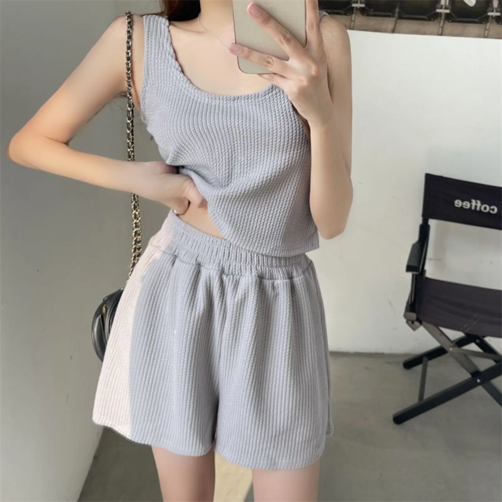 

High Waist Elastic Band Vest Shorts Two-Piece Set Casual Summer Women's Fashion Outfit Comfortable Breathable Lightweight