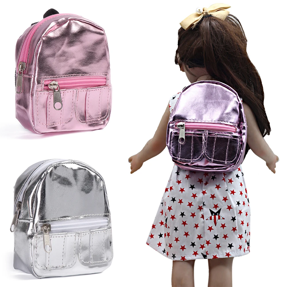 Fashion PU Glitter Pink Silver Mini Knapsack for 18 inches Girl Doll Backpack Doll Bag Dolls Accessories Kids Gift Children Toys