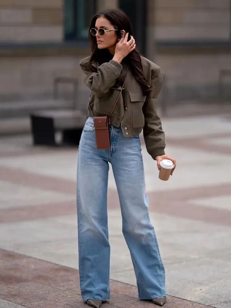 SIYANG Women Fashion With Pockets Bomber Jacket Coats Vintage Long Sleeve Front Button Casual Female Outerwear Chic Tops