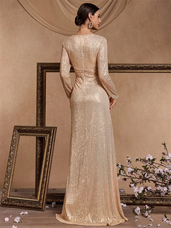 chinese dress ladies Long Sleeve Gold Prom Dress Luxury Sequin Ball Gown 67208 viniodress –  Viniodress