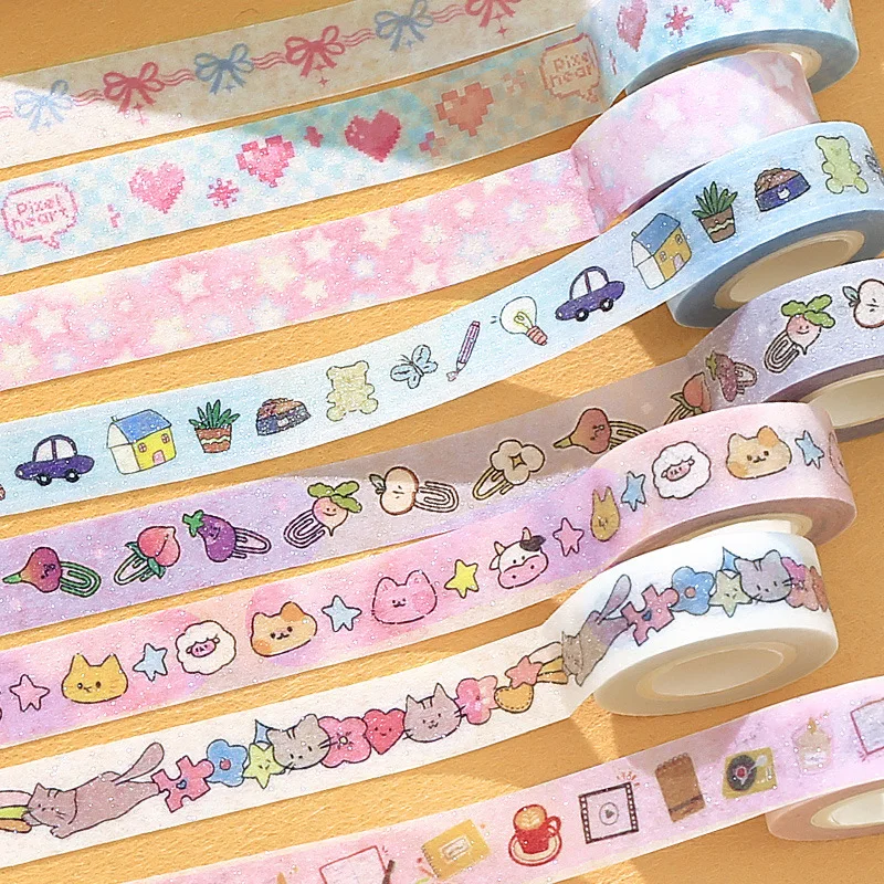 5Rolls Cartoon Washi Tapes Carry On Fine Glitter Tape Creative Material Decoration DIY Handbook Scrapbook Stationery Supplies