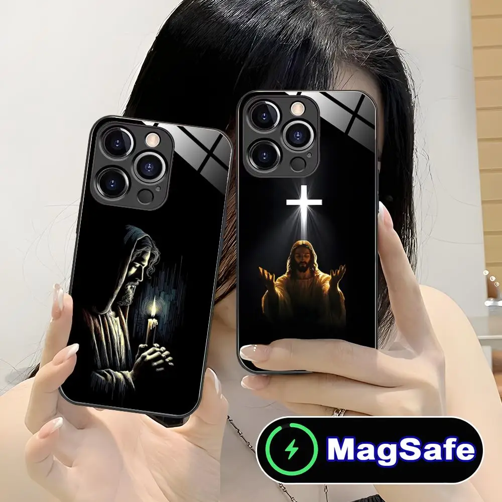 

Jesus Christ Mobile Cell Phone Case for iPhone 16 15 14 13 12 11 Pro Max Plus Mini MagSafe Glass Colour Printing Pretty Cover