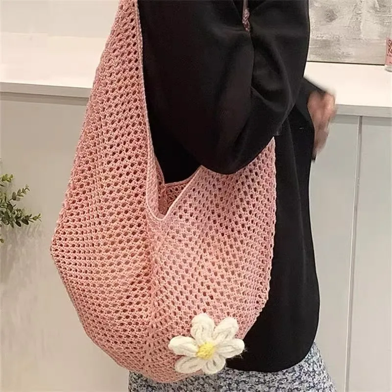 

2025 Fashion Women Weave Flower Shoulder Bag Portable Women's Bag For Shopping Korean Personality Female Tote Bag