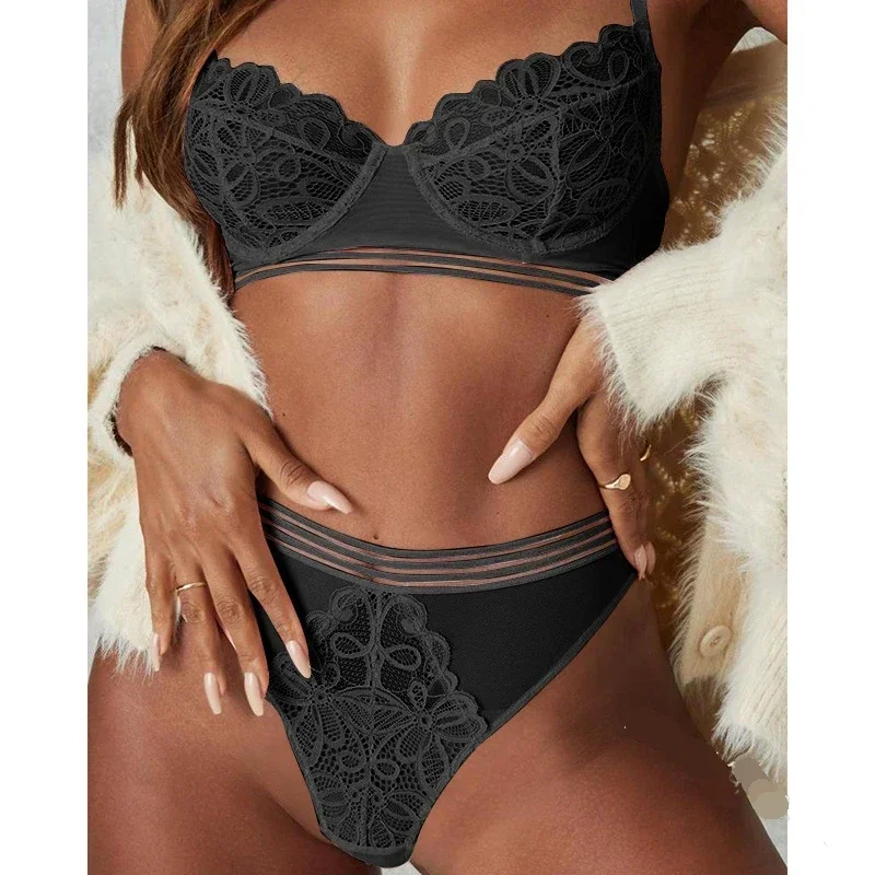 Lace Bra Sets Pink Sexy Push Up Underwear Set Thin Cup Female High Waist Panty Seamless Soft Comfortable Bra Thong Set