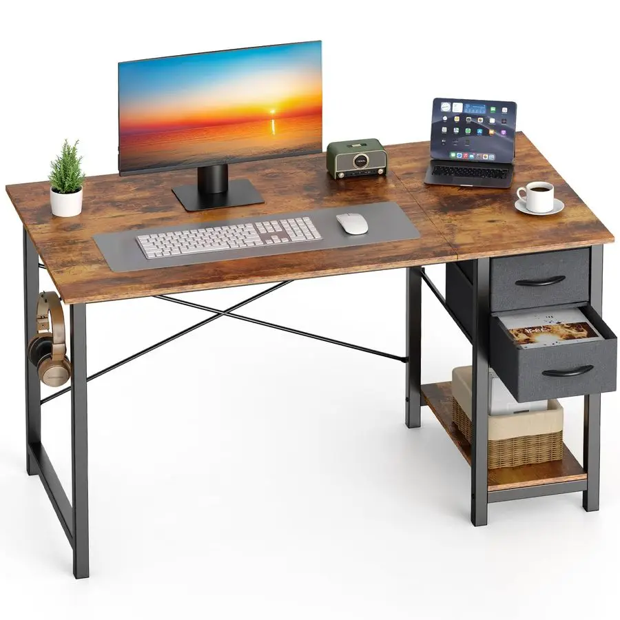 

40 Inch Computer Desk with Drawers for Home Office, Writing Desk with XShaped Reinforcement, Wood Table with Adjustable Position