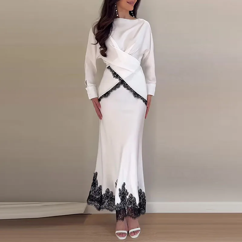 

Элегантный комплект из топа с круглым вырезом и завязками на талии и длинной юбки, сексуальный кружевной пэчворк, однотонный наряд для вечеринок, повседневный костюм с длинными рукавами, драпированный, облегающий, 2 предмета