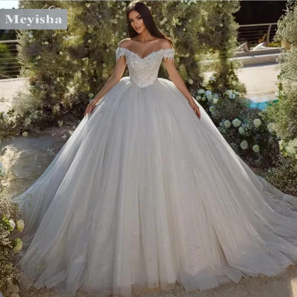 Customized ZJ9387 Sweetheart Appliques Sequined Wedding Dress 2025 Court Train Tulle Off the Shoulder New Style Ball Gown Bridal