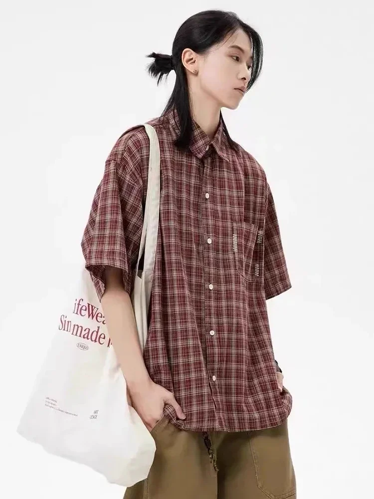 Koszula w kratę Harajuku Y2K damska streetwear oversize krótki rękaw retro bluzka japońska luźna kieszeń Bf letnia uniwersalna vintage top