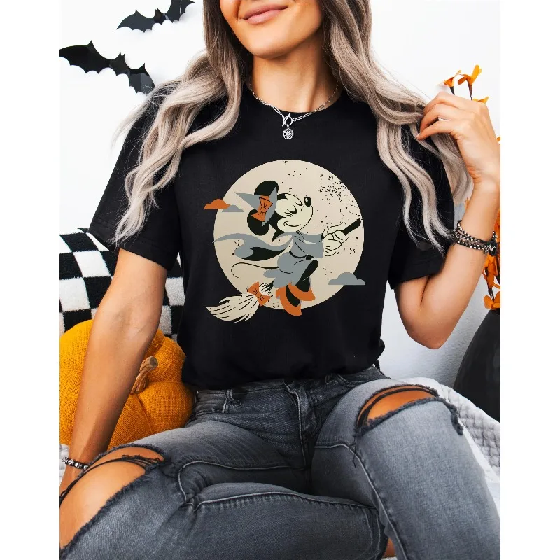 

Рубашка с метлой Минни Ведьмы, футболка с атмосферой ведьмы Диснея Хэллоуина Happy Minnie, футболка на Хэллоуин сезона ужасов