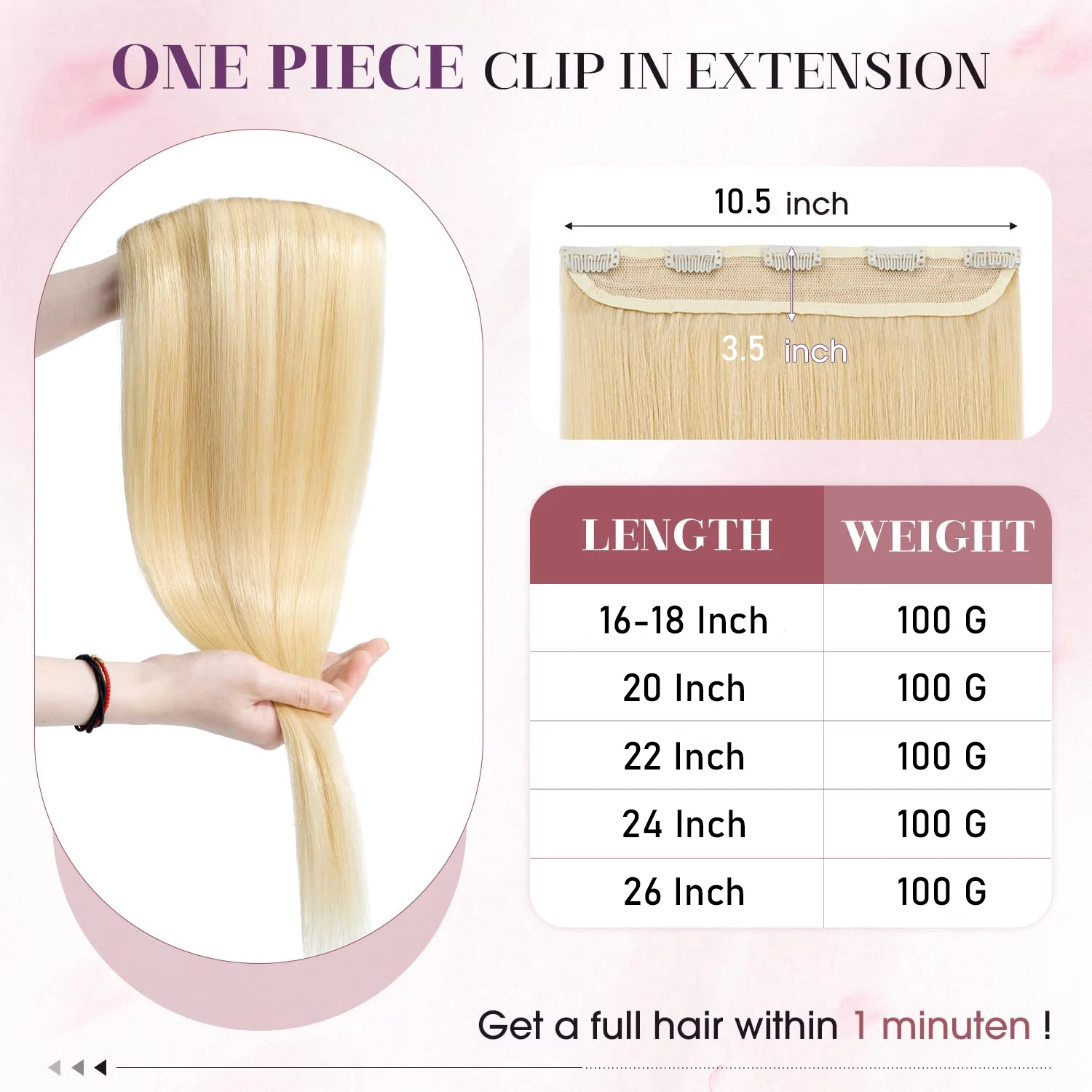 Clip rubio de una pieza en extensiones de cabello 100% cabello humano real Clip de una pieza 5 # 613 Clip recto de hueso en extensiones de cabello humano