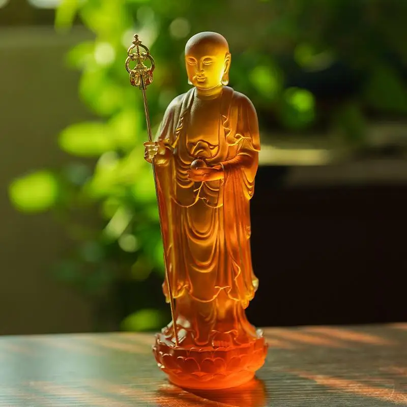 Traditional Glazed Buddha Posture Worship, Ksitigarbha Bodhisattva Standing Statue for Home