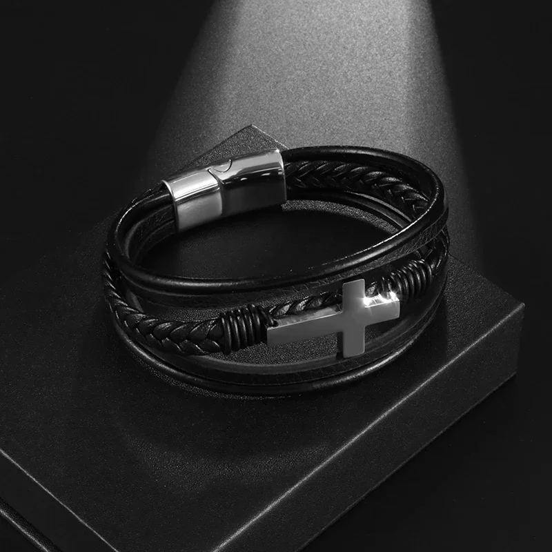 Stylish Braided Multi-Layered Leather Cross Bracelet for Men Fashion Magnetic Bracelet Casual Amulet Accessory