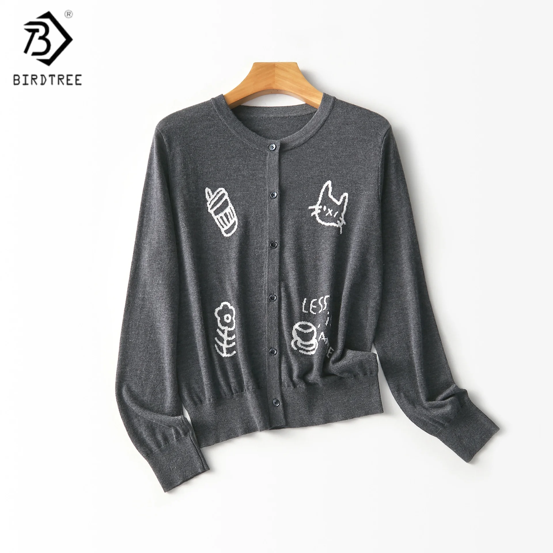 

Birdtree, вязаный кардиган из смешанной шерсти с вышивкой, женский свитер с длинными рукавами и круглым вырезом, осенне-зимнее пальто 2025 T5O018JF