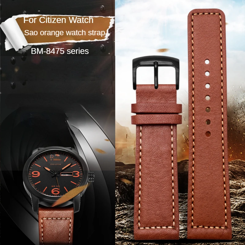 Genuine Leather Watch Band for Citizen Sao Orange Bm8475 Eco-Drive Ca0695 0690 Waterproof Sweat-Proof Cowhide Watch Strap 22mm