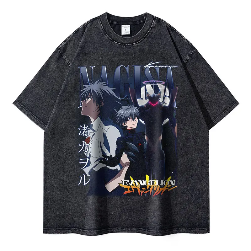 EVANGELION T-shirt Vintage Washed Anime Ayanami Rei T Shirts Oversized Streetwear Cute Girl Manga EVA Tops Tees Men 100% Cotton