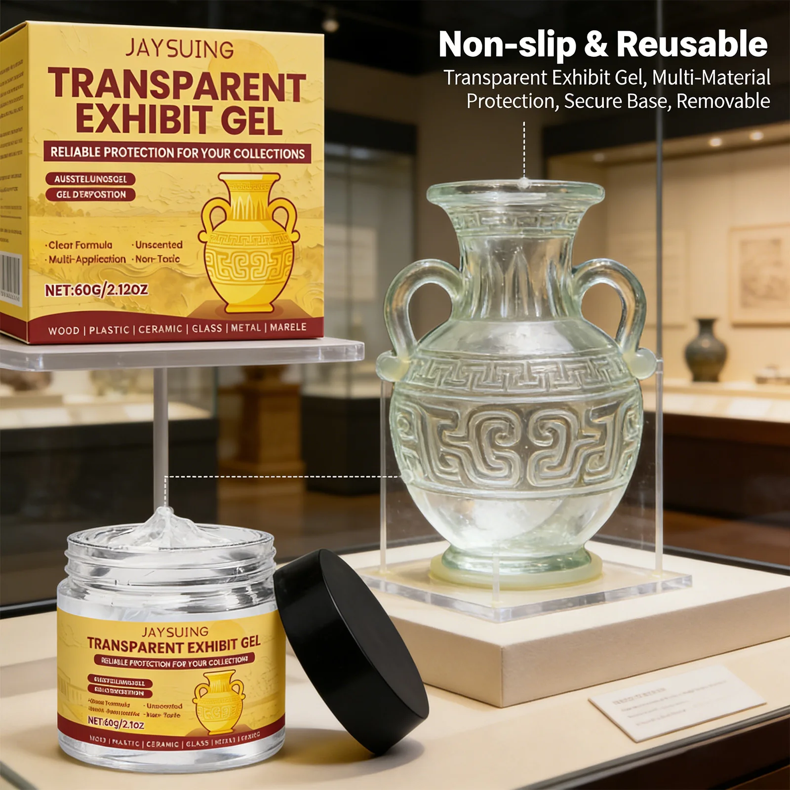 

Transparent Exhibition Gel Provide Reliable Protection Repeated Use Multiple Times Multi-purpose Collections Protective Adhesive