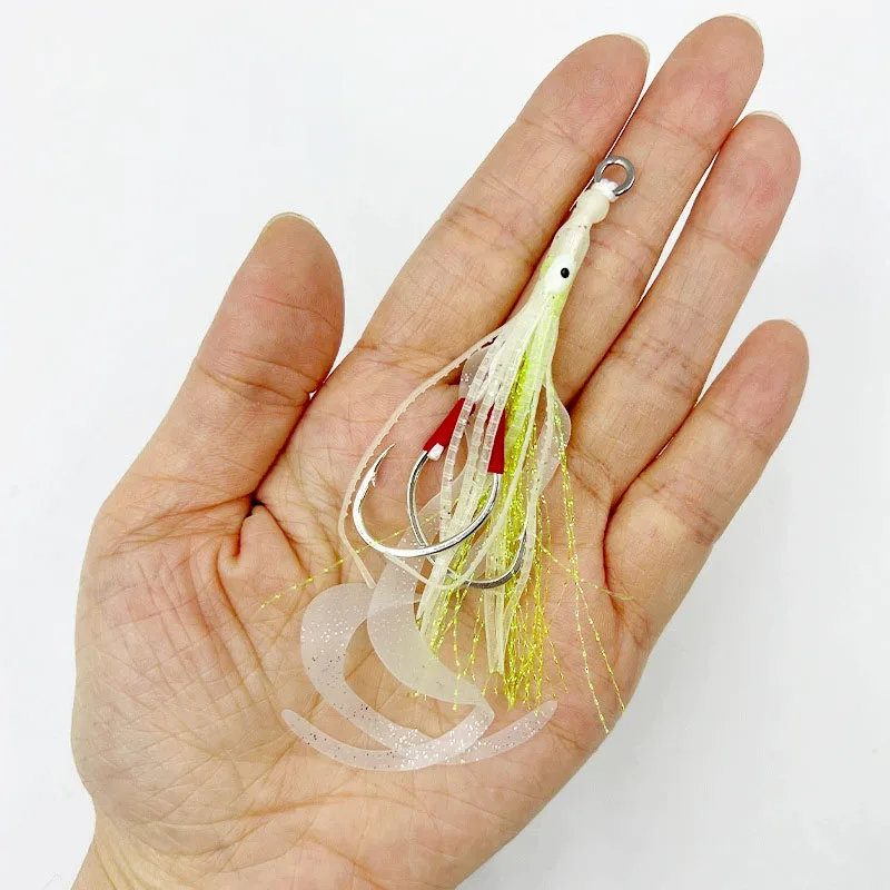 10pcs Glow Assist Hooks with Squid Skirts Lumious Slow Jig Silicone Skirt Fishing Hooks Sea Fishing Accessories