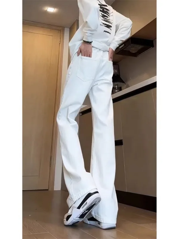 

White Straight Leg Men's Jeans High Street American Sle Cleanfit Micro Flared Pants Youth Trendy Casual Loose Fit Jeans