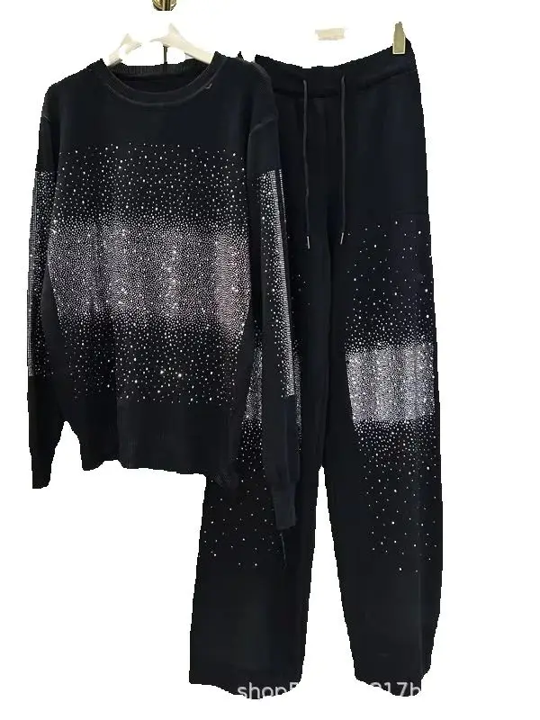 Conjunto de dos piezas de otoño para mujer, jersey de cuello redondo con perforación caliente brillante, Top + Pantalones rectos de pierna ancha con cintura elástica, novedad de moda