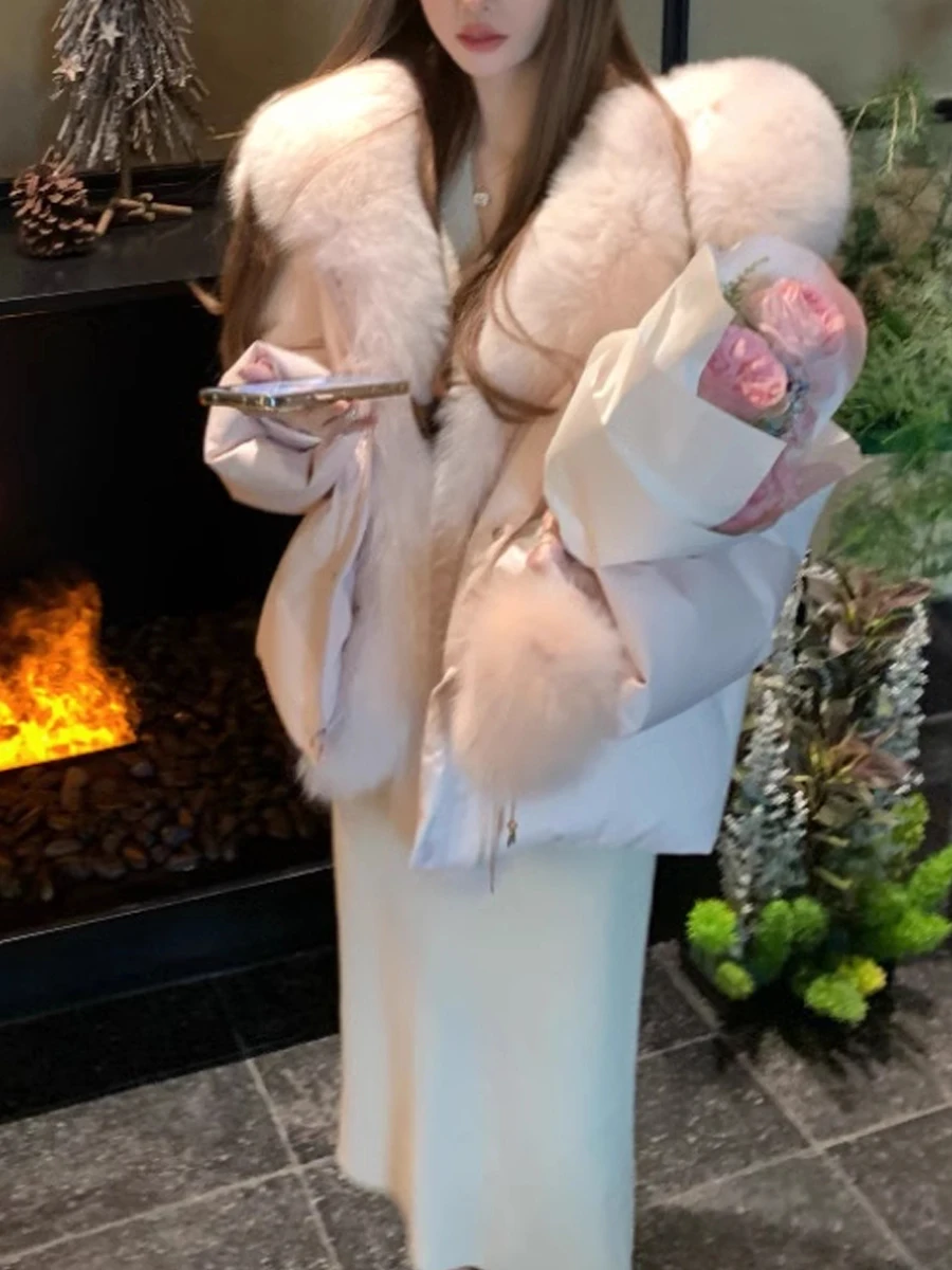 

Зима 2024, женская хлопковая куртка с меховым воротником, розовая корейская куртка прямого кроя, длинная застежка-молния