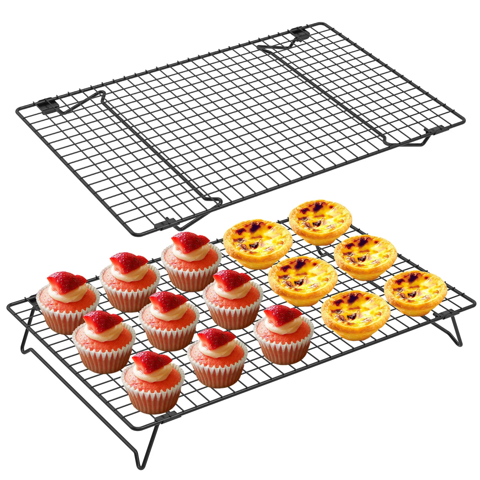 2Pcs Cake Cooling Rack with Collapsible Legs Carbon Steel BBQ Bread Cake Cooling Rack Drip Dry Rack Baking Pan for Baking Gadget