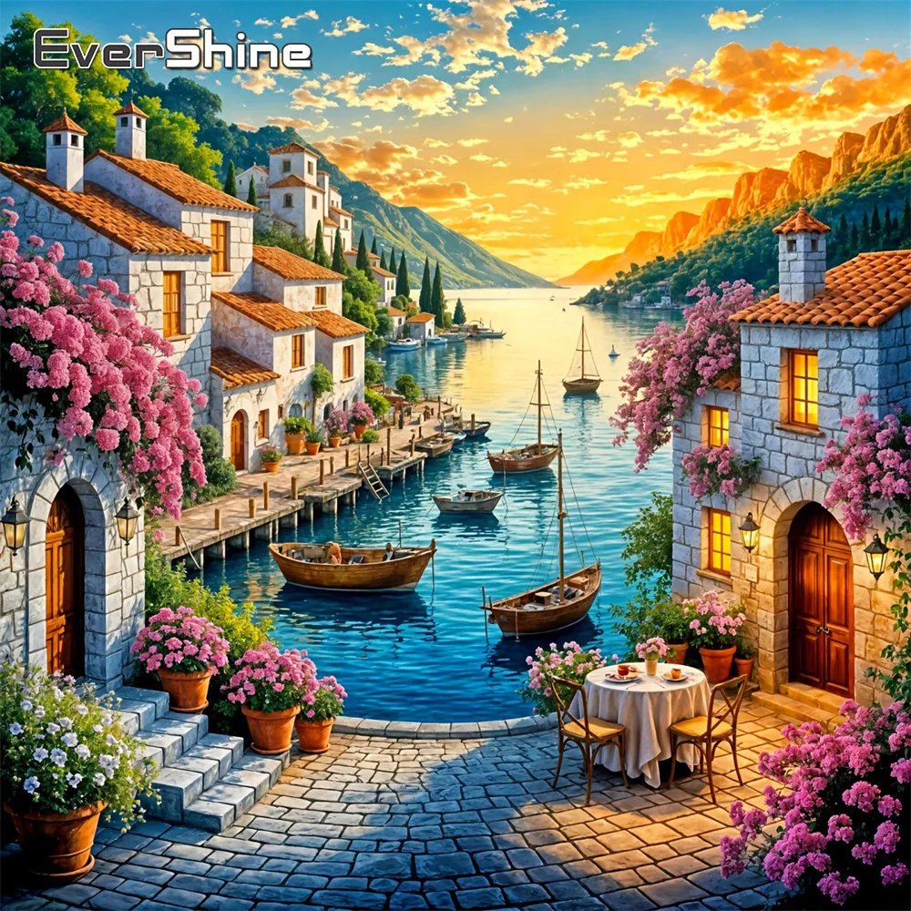 EverShine Diamant-Stickerei Meereslandschaft Gemälde Haus Vollquadratische Strass-Mosaik Boot Bild Berg Wandkunst