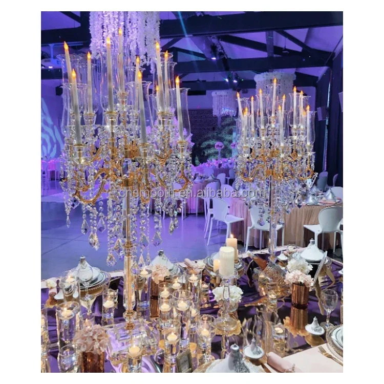 

Tall Wedding Gold Metal Candelabra Glass Acrylic Crystal Candle Holder With Hanging Crystal Drops