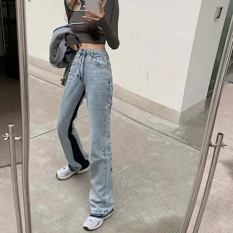 Women Fashion Letter Print Streetwear Denim Pants 2024 Casual Pant Female High Waist Loose Straight Jeans Wide Leg Trousers Pop