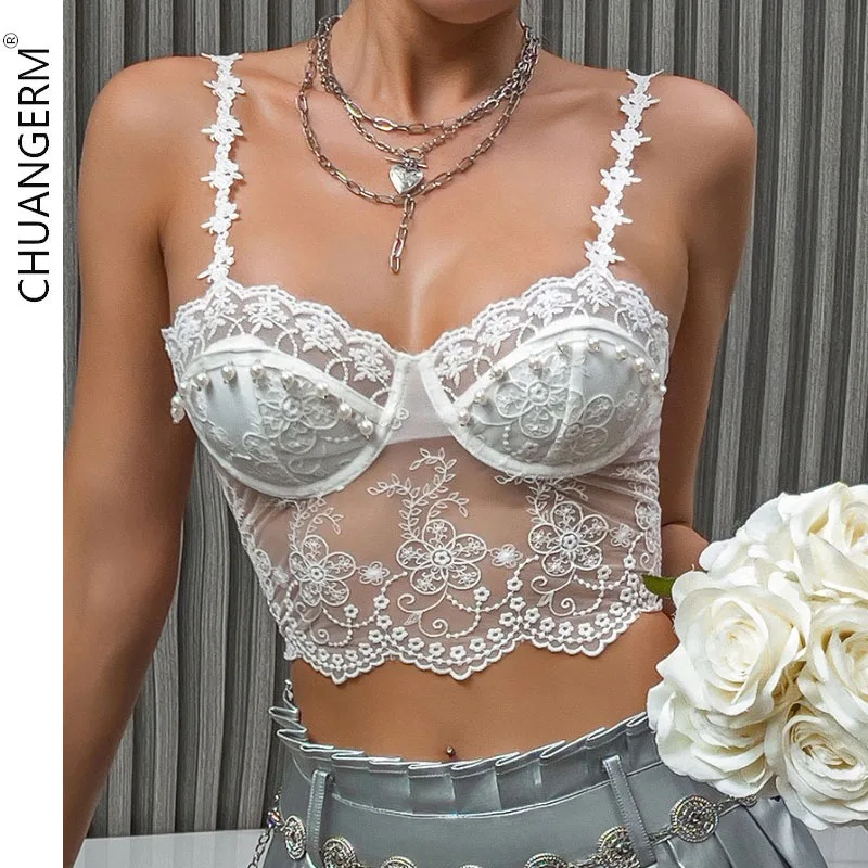 

CHUANGERM Sexy Lace Corset Floral Embroidery Pearl Chain Decoration Halter Backless Cut Out Hollowing Mesh See Through Crop Top