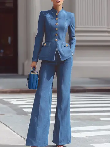 Krisstarsgirl Woman Spring Fall Blue Vintage 2 Piece Set 2026 Long Sleeves Stand Collar Jackets High Waisted Pants Ladies Sets