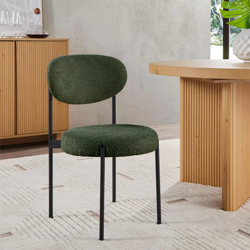 

Boucle Dining Chairs, Olive, 2 Pack,matte black steel metal frame and high-density foam padded round seat backed