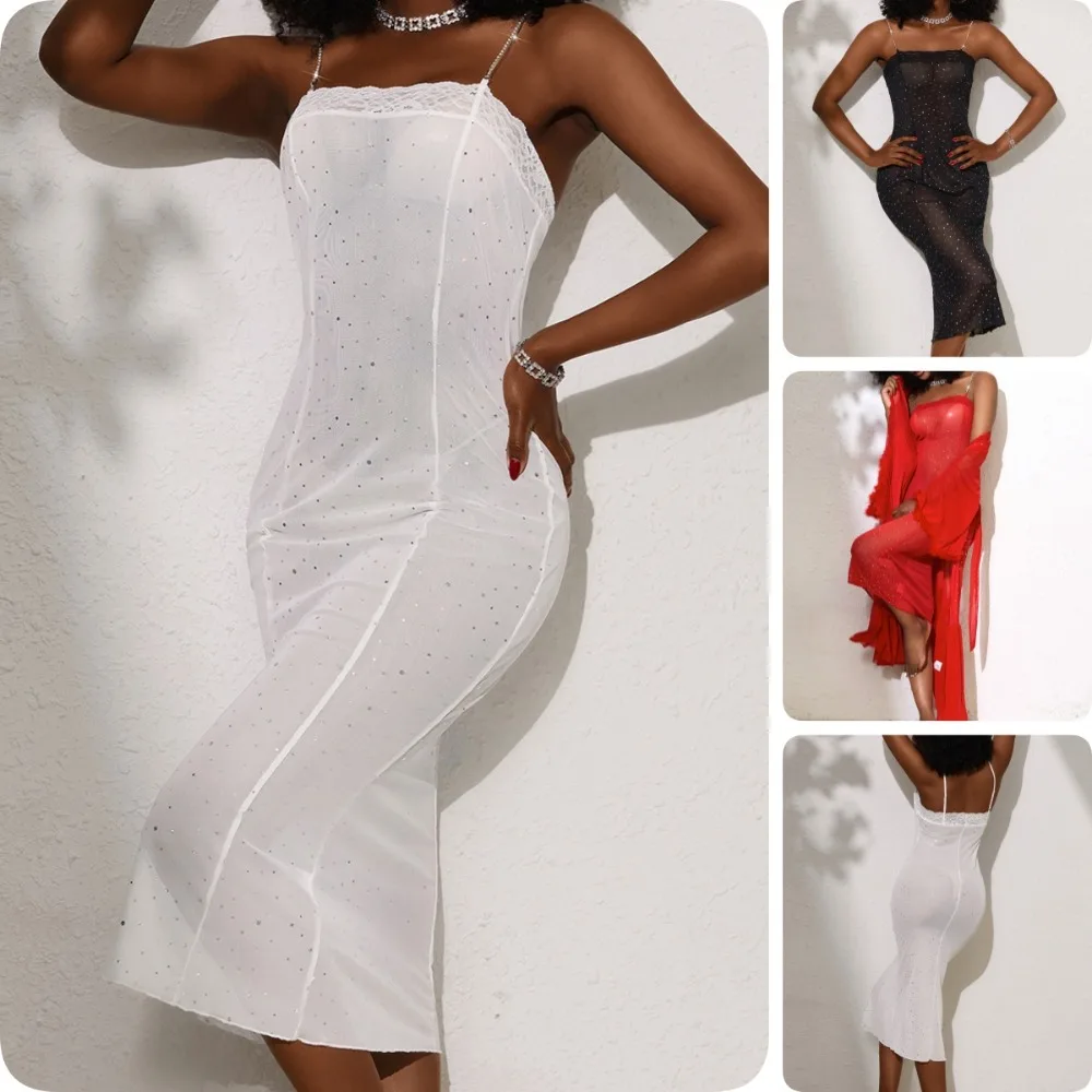 Sequin Mesh Cami Midi Sleep Dress for Women Rhinestone Strap Lace Bustier Sheer Bodycon Nightgown Sexy Sparkly See-Through Slip