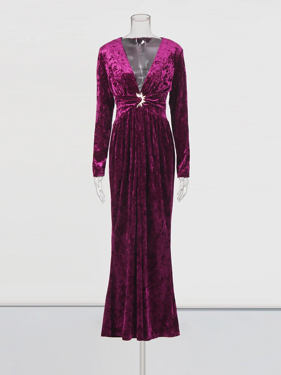 TWOTWINSTYLE Solid Spliced Folds Elegant Velvet Dresses for Women V Neck Long Sleeves High Waist Patchwork Sequined Dress Female