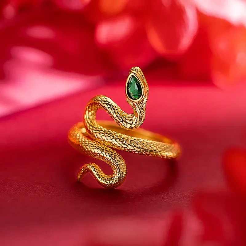 

9999 Real Gold 24K Snake Ring Hipster Premium Sense Personality Diamond Enlaid Green Eyed Snake Ring Men's and Women's Rings