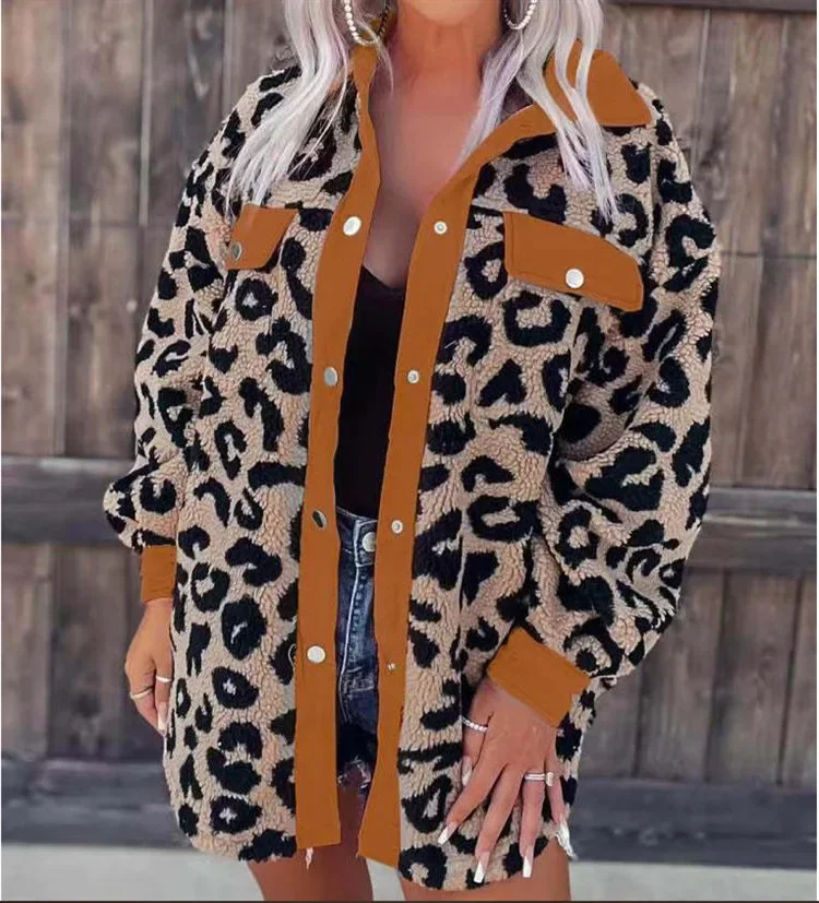 Women's Coat Leopard Print Color Blocked Button Pocket Long Sleeved Lapel Cardigan Jacket 2024 Autumn