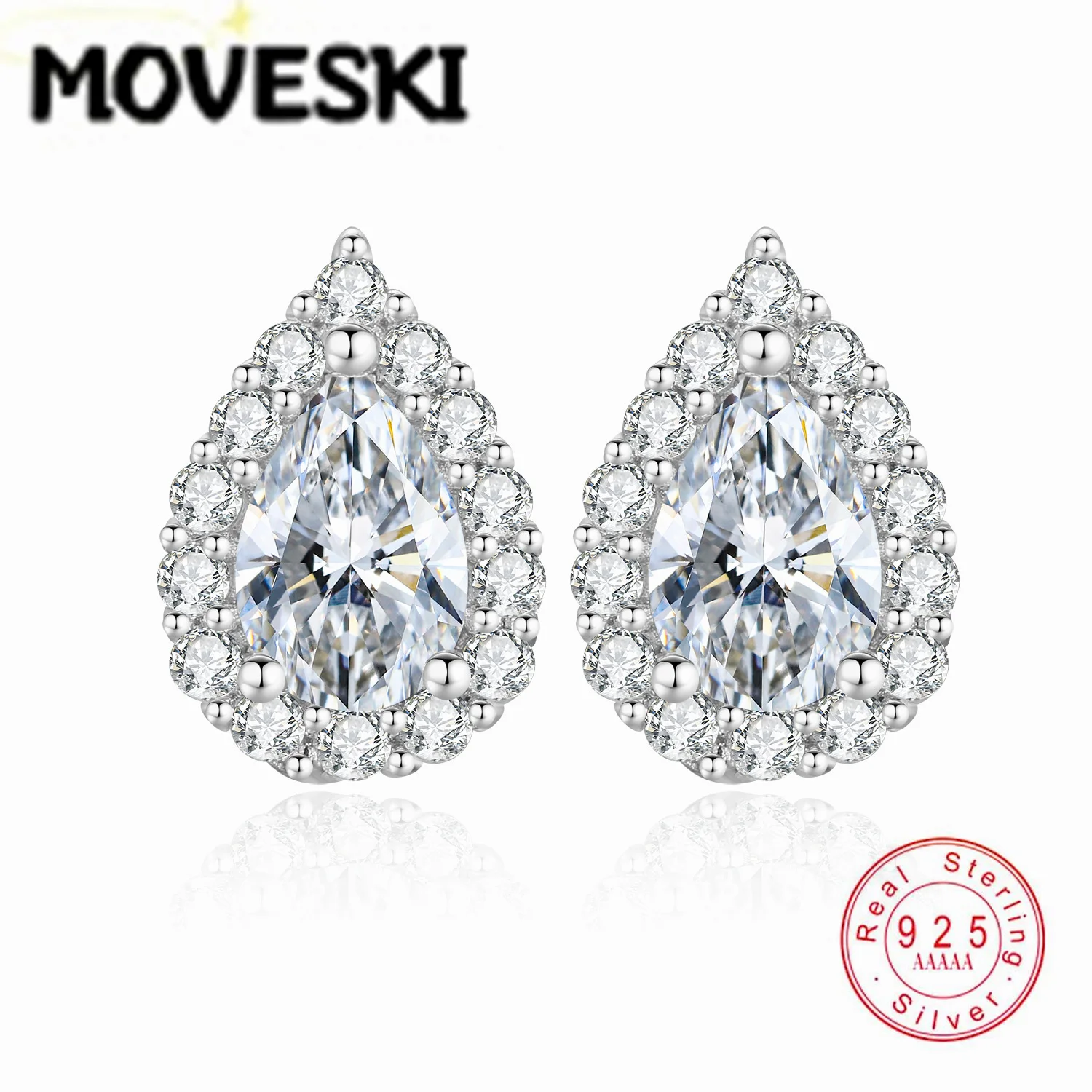 MOVESKI Real S925 Sterling Silver Teardrop Halo Stud Earrings 0.5CT Pear Cut Moissanite Bridal Wedding Fine Jewelry For Women